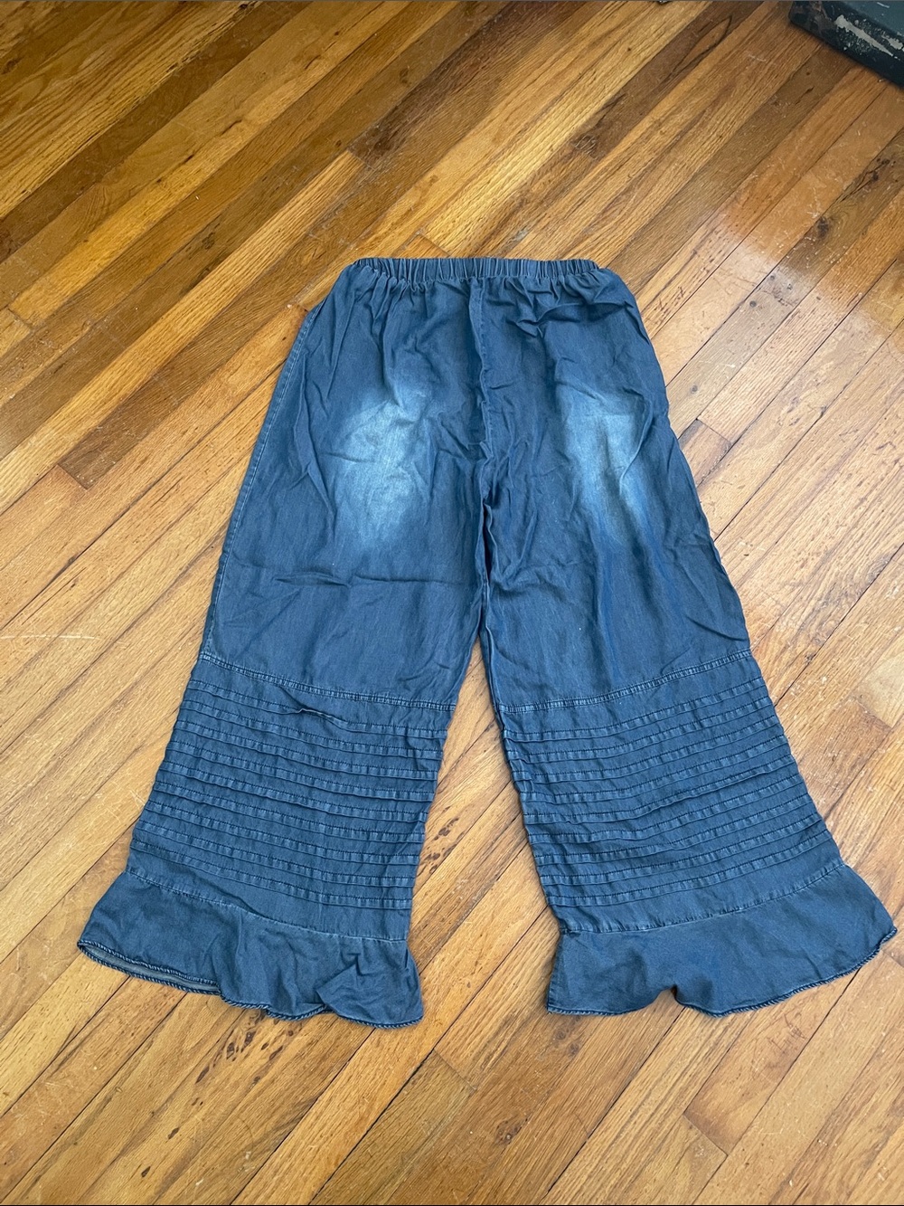 Wide Ruffle Hem Pull-On Pants in Washed Blue - Picture 3 of 3